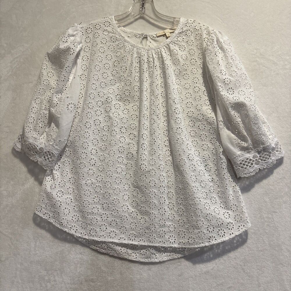 Maje White Eyelet Lace Puff Sleeve Blouse Open Back Cotton Top Size 3 Large
